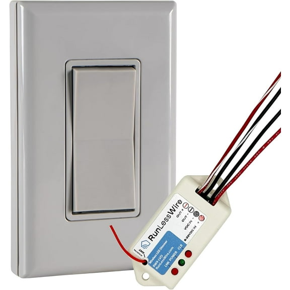 RunLessWire Low Voltage 8-30VDC Dimming Self Powered (NO Batteries) Wireless Light Switch - No Wiring, Battery, or WiFi Needed - Smooth Dimmer Basic Kit: 1 PWM Receiver, 1 Switch – Gray