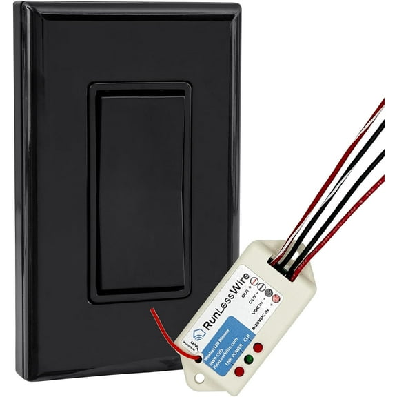 RunLessWire Low Voltage 8-30VDC Dimming Self Powered (NO Batteries) Wireless Light Switch - No Wiring, Battery, or WiFi Needed - Smooth Dimmer Basic Kit: 1 PWM Receiver, 1 Switch – Black
