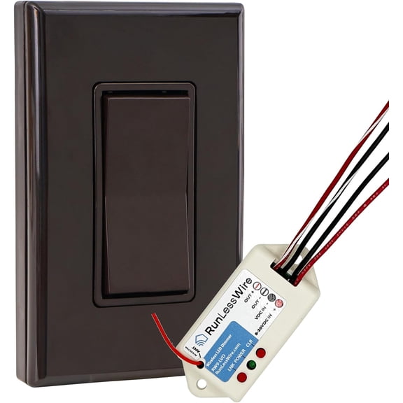 RunLessWire Low Voltage 8-30VDC Dimming Self Powered (NO Batteries) Wireless Light Switch - No Wiring, Battery, or WiFi Needed - Smooth Dimmer Basic Kit: 1 PWM Receiver, 1 Switch – Brown