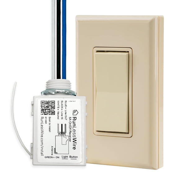 RunLessWire Single Pole On/Off Wireless Battery-Free Remote Light Switch Kit 150ft Range – Light Almond