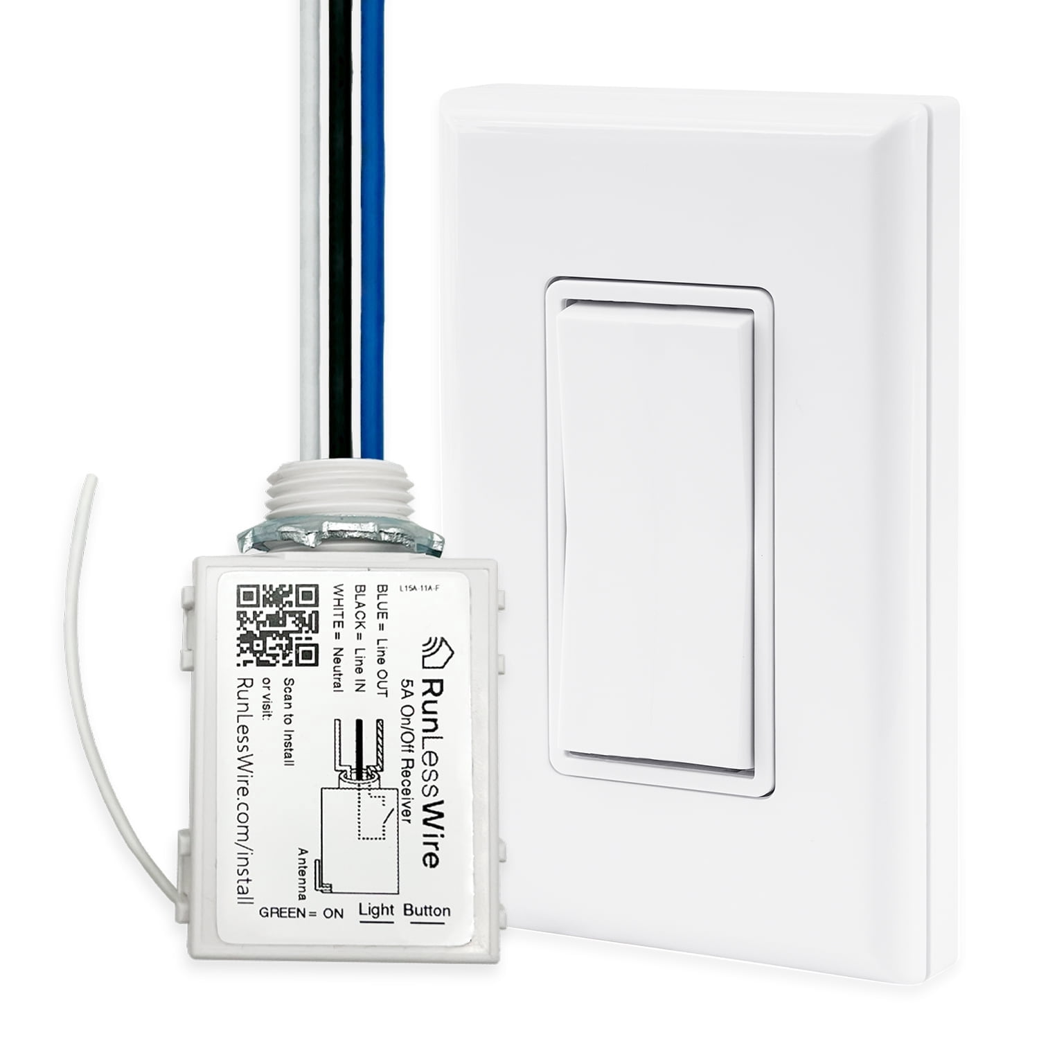 RunLessWire Single Pole On/Off Wireless Battery-Free Remote Light Switch Kit 150ft Range – White