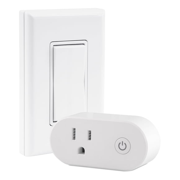RunLessWire Wall Plug Bluetooth Battery-Free Wireless Light Switch Kit 30ft BLE Range Self-Powered by Kinetic Energy for Easy Control of Outlets: 1 Remote Switch Controls 1 Plug-In Receiver - White