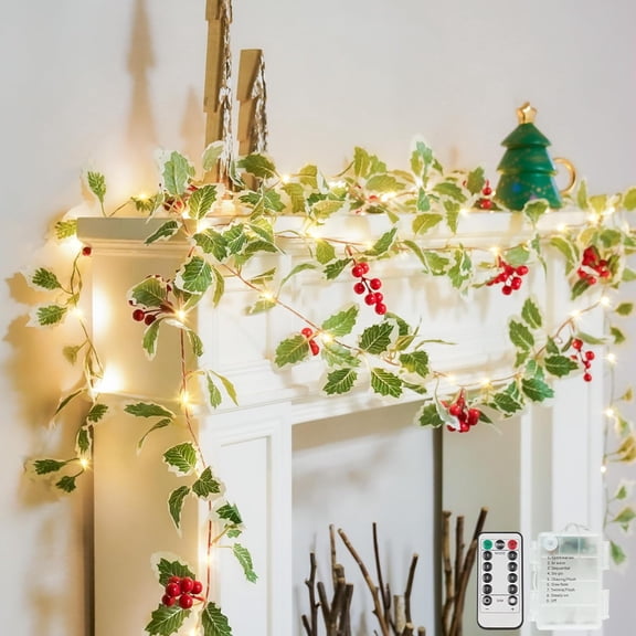 RunMin Grocery Store 40 LED Christmas Fairy Lights Battery Powered,12.5ft Vine String Lights with Red Berries & Holly Leaf Timer Remote, Artificial Garlands