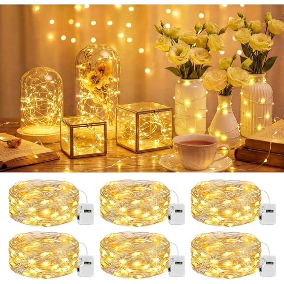 RunMin Grocery Store 6 Pack LED Fairy Lights Battery Operated 3 Modes, 7ft 20 Led Twinkle String Lights Waterproof, Mini Silver Wire Firefly Starry Moon Lights