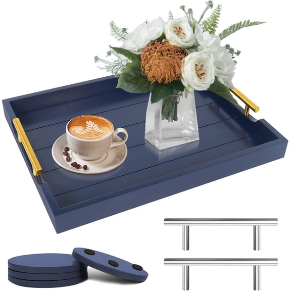 RunMin Grocery Store Coffee Table Tray - Large Ottoman Tray for Living Room - Wood Serving Tray with 2 Sets of Handles - Wooden Trays for Coffee Tables, 4 Round Coasters Included, Deep Blue
