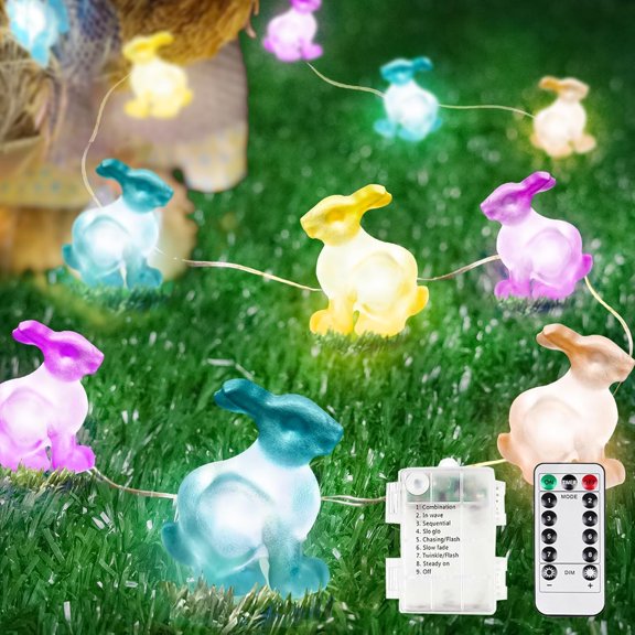 RunMin Grocery Store Easter Decorations Bunny Pastel Fairy Lights, Battery Operated with Remote & 8 Modes & Timer, Waterproof Easter String Lights for Indoor Spring Themed Party Decor (Multi Color)