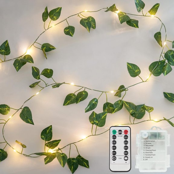 RunMin Grocery Store Vine with Fairy Lights Battery Operated, 13.1ft 40 LED Pothos String Lights with Remote, Leaf Lights for Bedroom, Room, Wall, Garden, Party, Wedding Dorm Decor(Warm White)