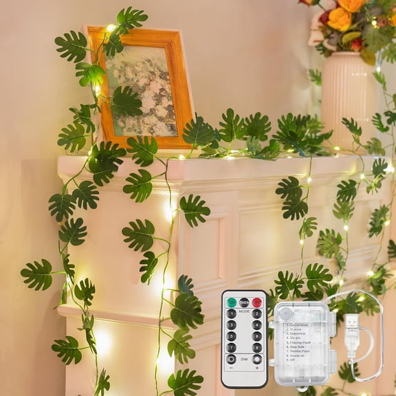 RunMin Grocery Store Vines with Fairy Lights Battery & USB Powered Operated, 33ft 100 LED Monstera Leaves String Lights with Remote, Artificial Plants(Warm White)