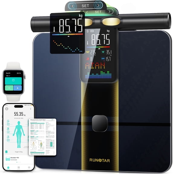 RunStar 8-Electrode Body Fat Scale, APP Sync 50+ Metrics, Offline SET-Function Handle, FSA/HSA, Large Display, 400lb, 12.2" x 12.2"
