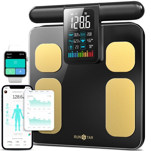 RunStar 8-Electrode Rechargeable Smart Scale for Body Weight with 4.1" Color Screen Handle, APP Sync 50+ Body Metrics, 400lb, BlackGold