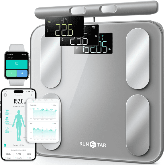 RunStar Smart Bathroom Scale for Body Weight and Fat, BMI 28 Body Metrics, 8-Electrode Digital Scale with Voice Prompt Function, 400lb, Grey