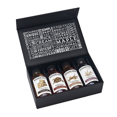 Runamok Maple Syrup Gift Box | Vermonters Gift Box | Whiskey Barrel-Aged, Cinnamon+Vanilla, Cardamom & Elderberry | 4 Samplers of Real Maple Syrup | 2 Fl Oz (60mL)