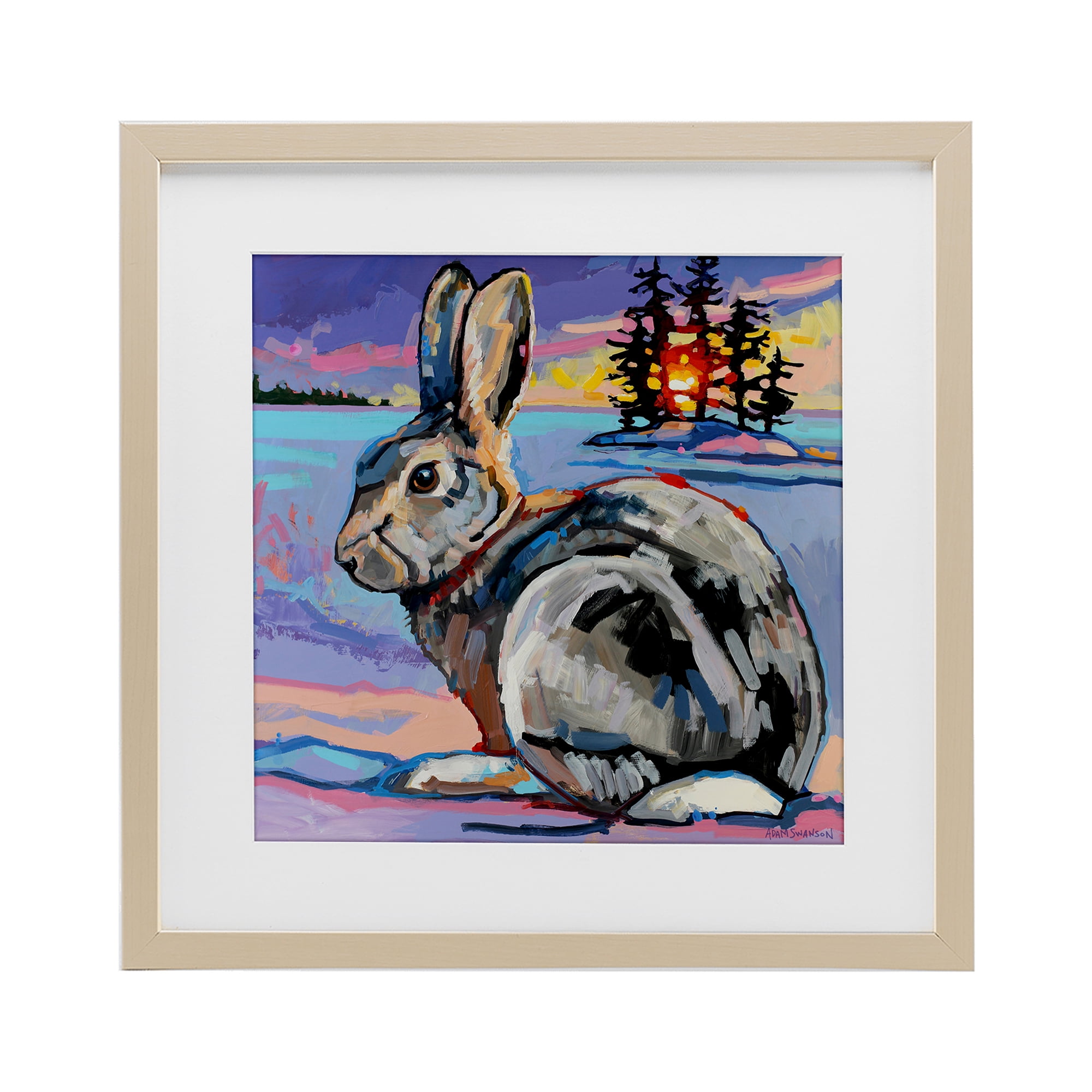 Runaway Goliath Rabbit Birch Framed Print Under Glass, design by Adam Swanson