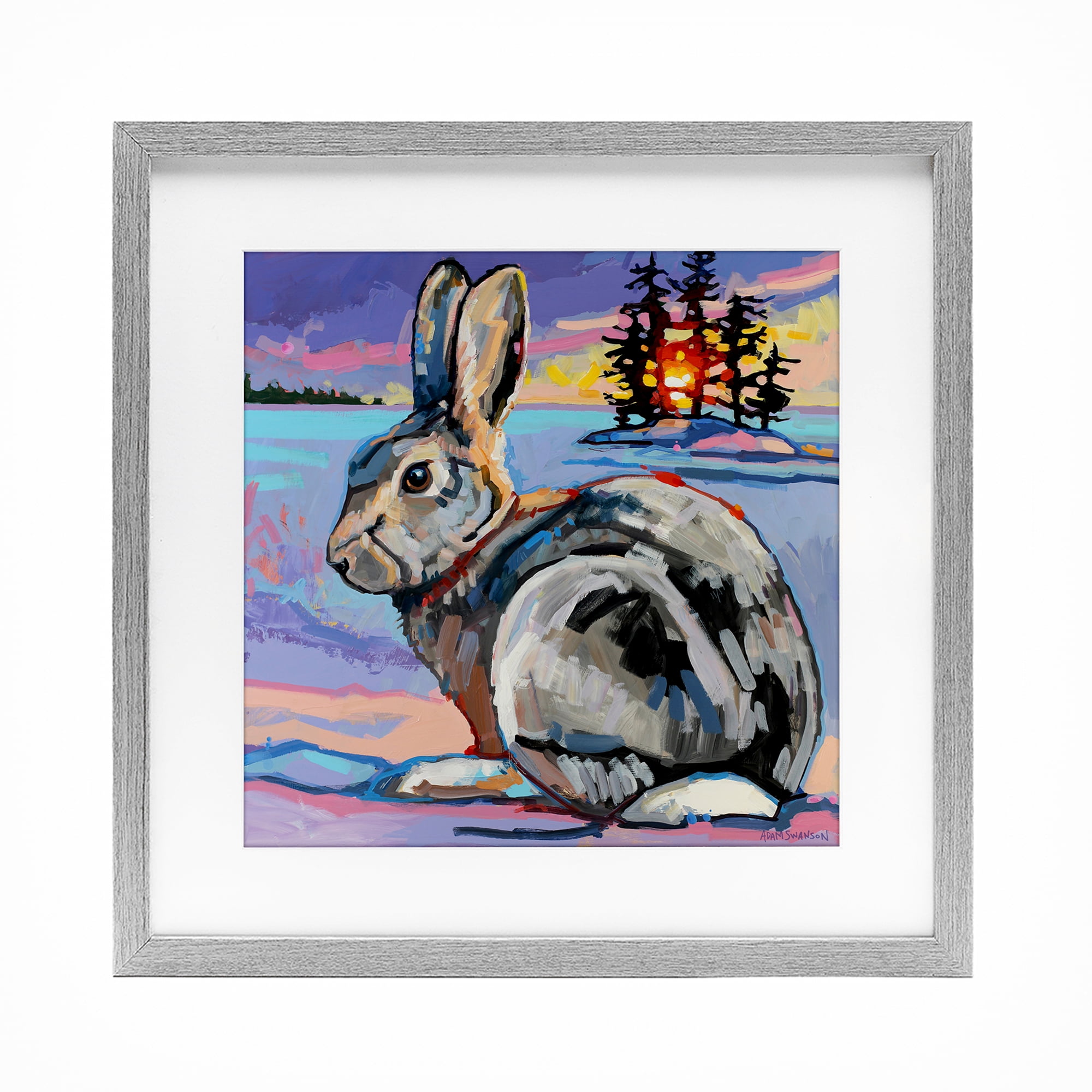 Runaway Goliath Rabbit Gray Framed Print Under Glass, design by Adam Swanson