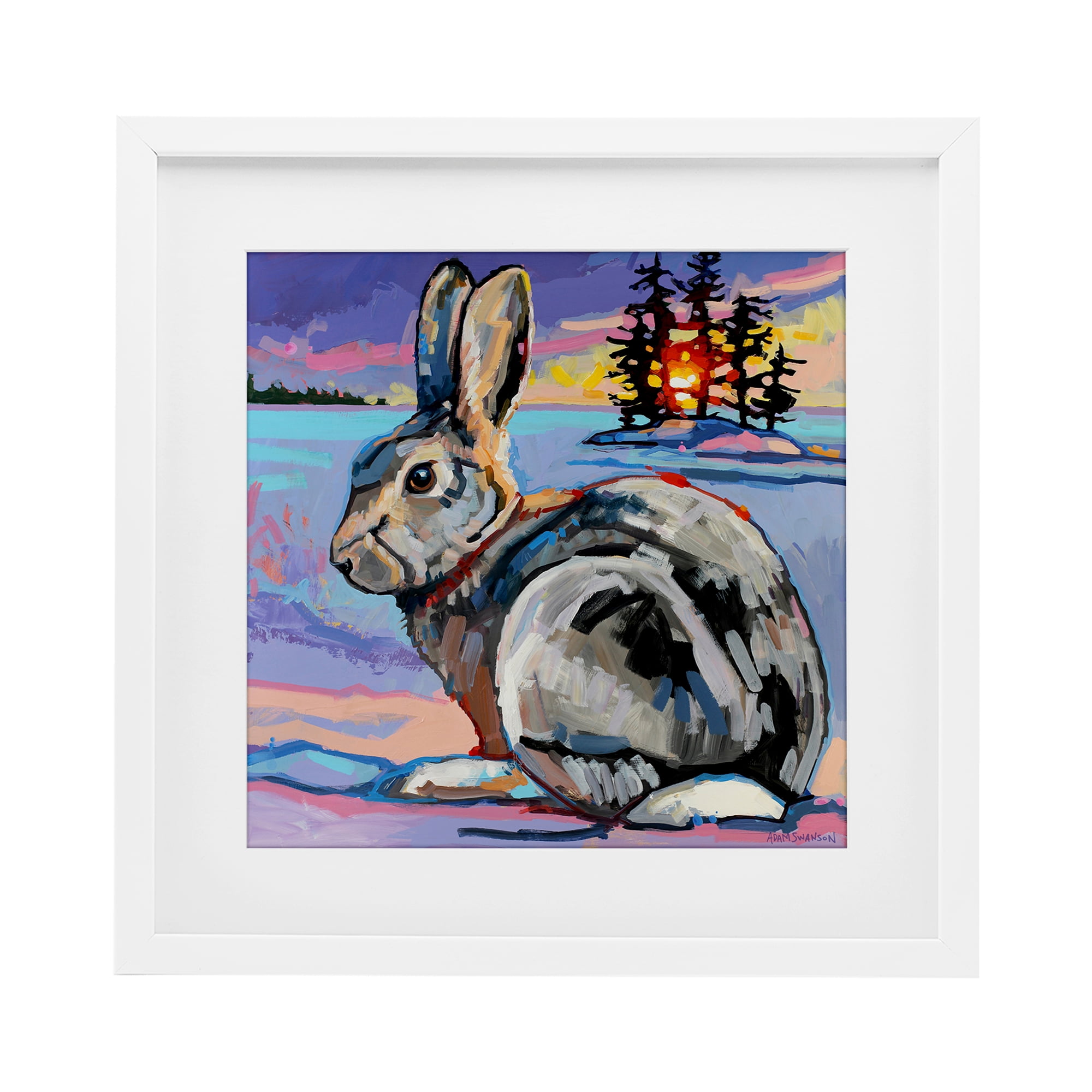 Runaway Goliath Rabbit White Framed Print Under Glass, design by Adam Swanson