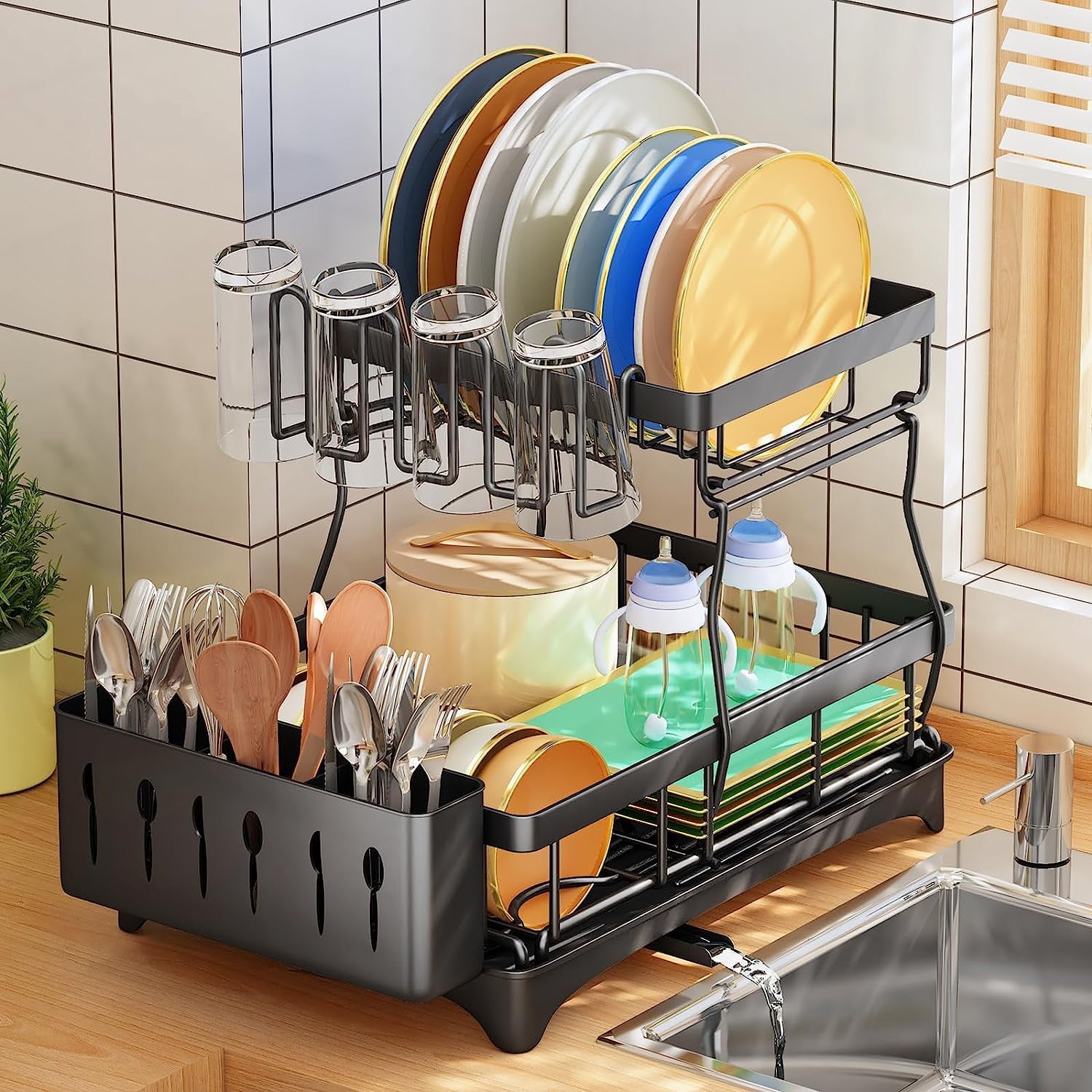 Runbaixing 2 Tier Large Dish Drying Rack and Drainboard with Utensil Holder and Cup Rack for Apartment Kitchen Counter, Black