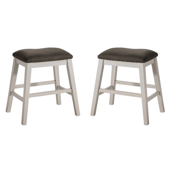 Benjara Rune 25 Inch Counter Height Wood Stool, Set of 2, Off White, Gray Seating