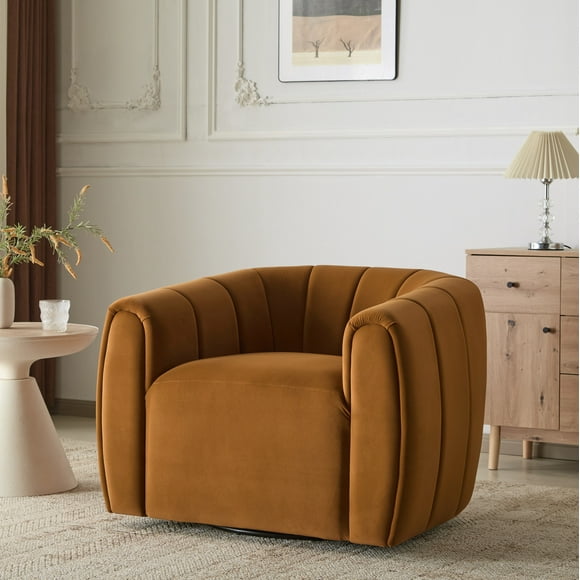 Rune Modern 360-Degree Swivel Barrel Club Chair, Velvet Upholstered Accent Chair, Turmeric