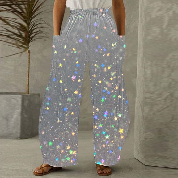 Runfenguu Baseball Pants, Comfy Pants Women Women Casual Printing Pockets Elastic Mid-Waist Comfortable Wide-Legged Loose Pants