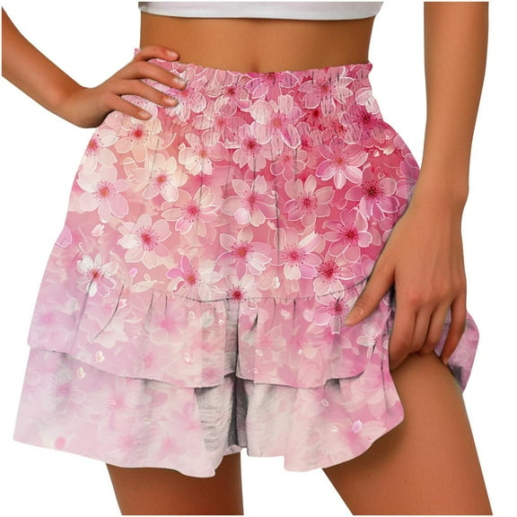 Runfenguu Bike Shorts Women, Skirt With Shorts Underneath Women'S Summer Solid Color High Waisted Shorts With Floral Pleated Hem Casual Shorts Flowy Shorts For Women