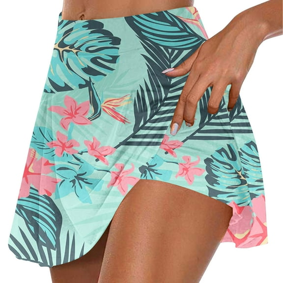 Runfenguu Biker Shorts Women With Pockets, Shorts For Girls Women'S Summer Leaf Print Pleated Tennis Skirts Athletic Stretchy Short Yoga Fake Two Piece Trouser Skirt Shorts Volleyball Shorts
