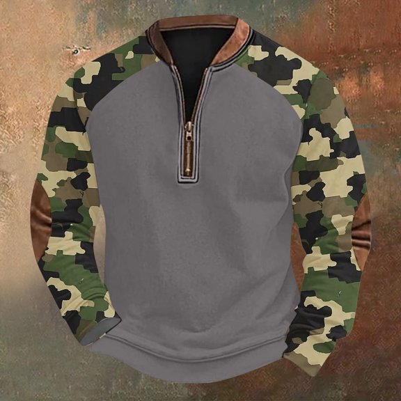 Runfenguu Custom T Shirts Graphic Tees Men Men'S Large Size Half Zipper Round Neck Camouflage Vintage Print Long Sleeved White T Shirt