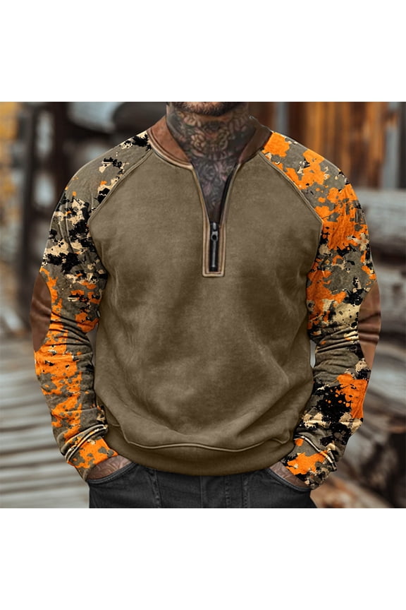 Custom T Shirts Rapper Graphic Tees Men'S Camouflage Print Half Zipper Long Sleeved Long Sleeved Round Neck Top/Shirt Cute Top