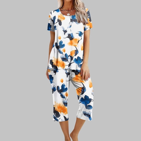 Runfenguu Cute Outfits For Women Women'S Casual Floral Print Short Sleeved Round Neck And Cropped Pants Set