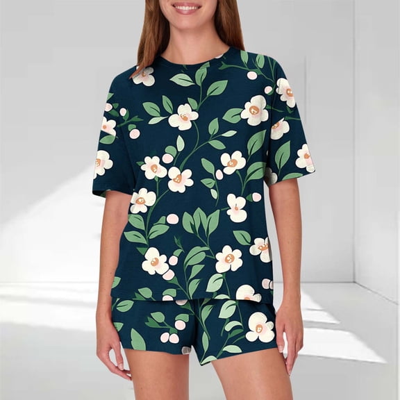 Runfenguu Family Matching Outfits Women'S Casual Loose Printing Round Neck Short Sleeved Shorts Pajamas Suit