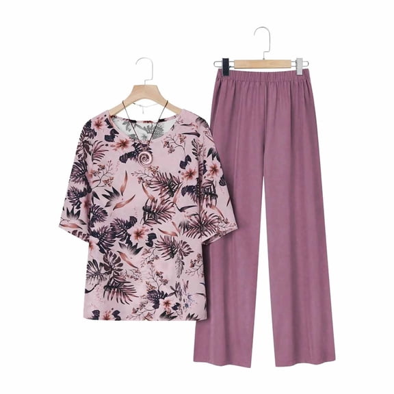 Runfenguu Hawaiian Outfits For Women Women'S Plus Size Set Printed Short Sleeved Solid Color Pants Casual Loose Short Sleeved Round Neck Top/Shirt Set