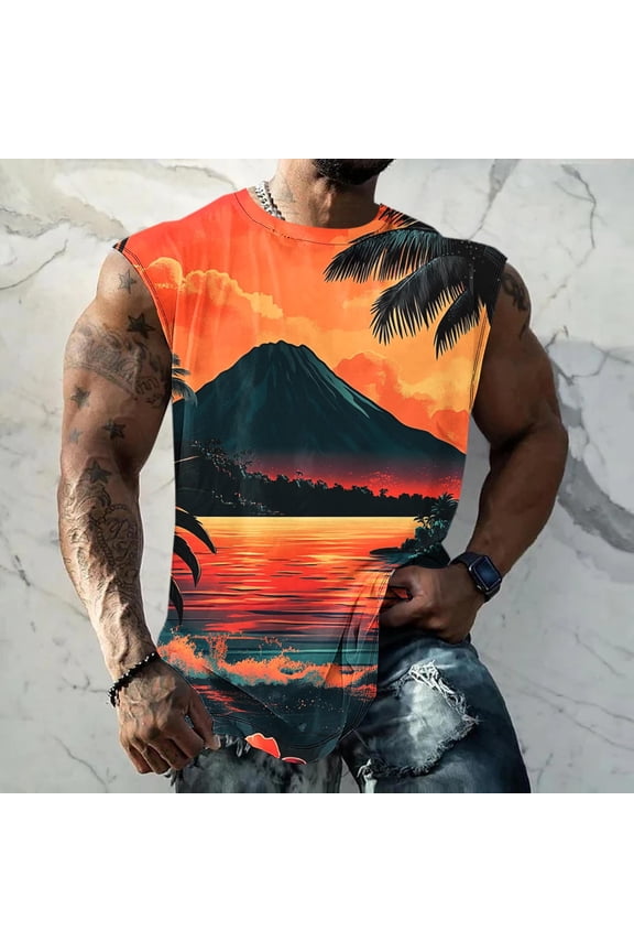 High Neck Tank Top Men Vests Men Casual Fashion Printing Pullover Sleeveless Round Neck Sports Tank Motorcycle Vests