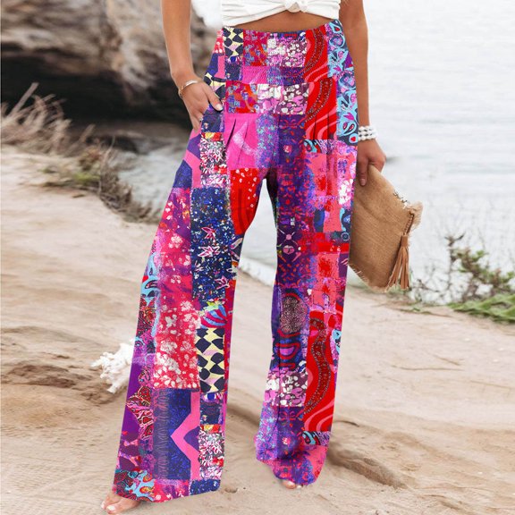 Runfenguu Hiking Pants Women, Baggy Pants Women Women Casual Comfortable Printing Pockets Elastic Waist Straight Loose Pants