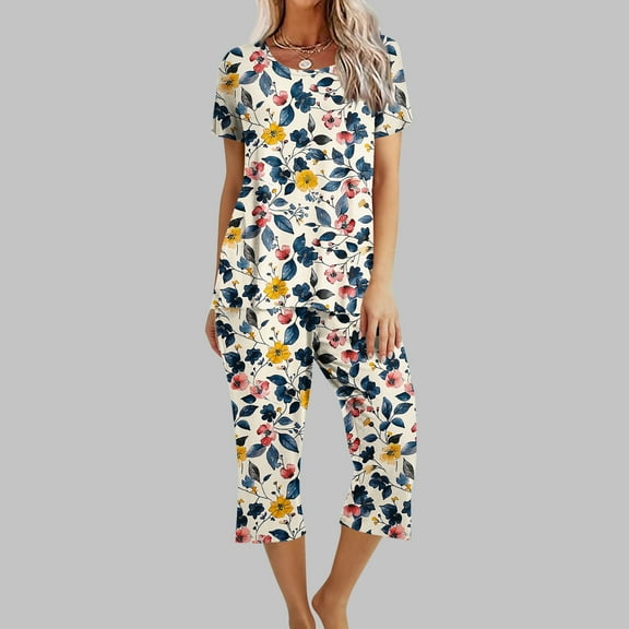 Runfenguu Luau Outfits For Women Women'S Fashionable Printed Casual Round Neck Short Sleeved Pajamastcropped Pants Pajamas Set