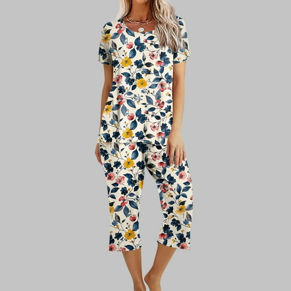 Runfenguu Luau Outfits For Women Women'S Fashionable Printed Casual Round Neck Short Sleeved Pajamastcropped Pants Pajamas Set