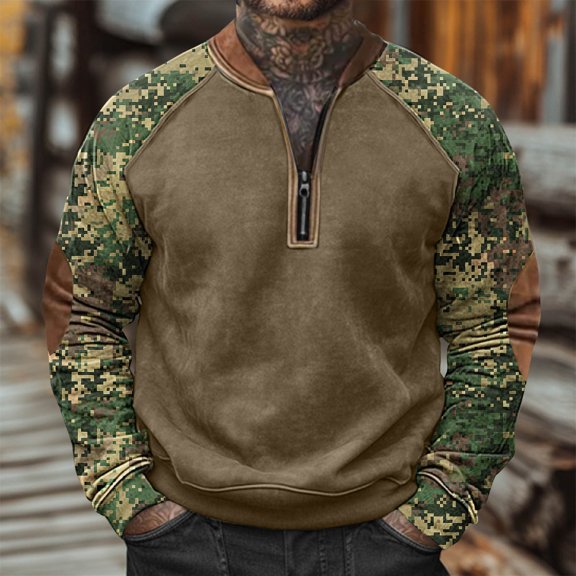 Runfenguu Men'S Summer Top Mens Summer Top Men'S Camouflage Print Half Zipper Long Sleeved Long Sleeved Round Neck Top/Shirt Mens T-Shirts Graphic Tees