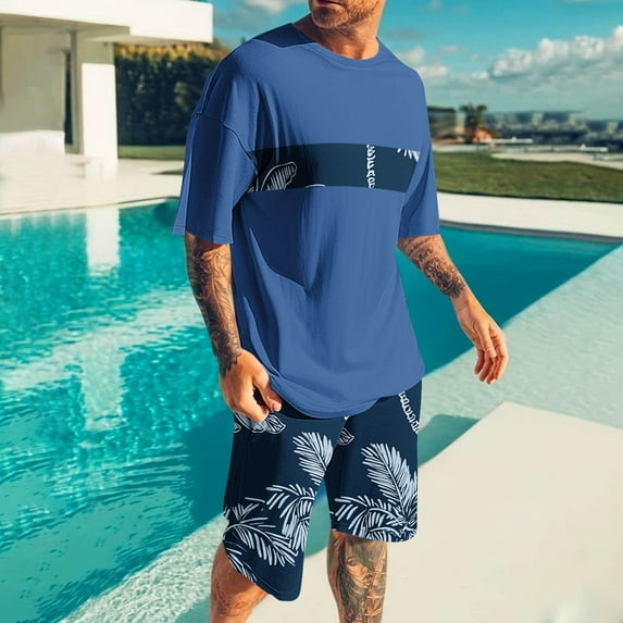 Runfenguu Men Summer Outfits, 2 Piece Swimsuit For Teensman Casual Loose Hawaiian Print Sports Elastic-Waist Shorts Short Sleeve Round-Neck Blouses Sets