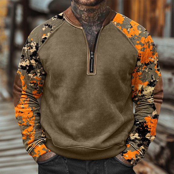 Runfenguu Mens Graphic T Shirts Rapper Graphic Tees Men'S Camouflage Print Half Zipper Long Sleeved Long Sleeved Round Neck Top/Shirt Mens T Shirt