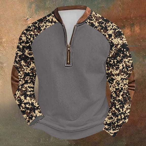 Runfenguu Mens Graphic T Shirts Summer Top Men'S Large Size Half Zipper Round Neck Camouflage Vintage Print Long Sleeved Men Top
