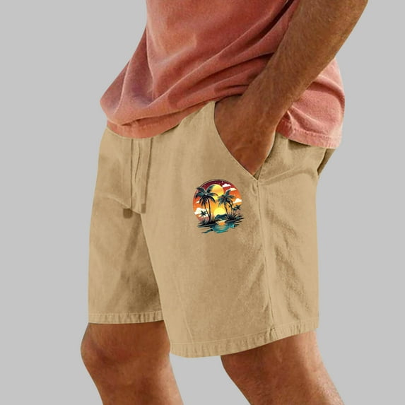Runfenguu Mens Linen Shorts, Linen Shorts Men Casual Print Pocket Elastic Waist Straight Half Beach Shorts Pants Sport Pants Mens Work Shorts