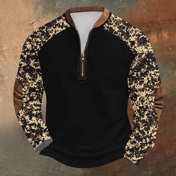 Runfenguu Mens Summer Top Plus Size Top Men'S Large Size Half Zipper Round Neck Camouflage Vintage Print Long Sleeved Plus Size Top