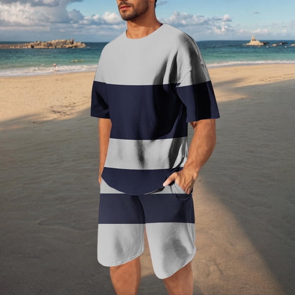 Runfenguu Mens Track Suits 2 Piece Set, Vacation Outfitsmen Casual Round Neck Printing Short Sleeve Blouse And Shorts Pants Suit