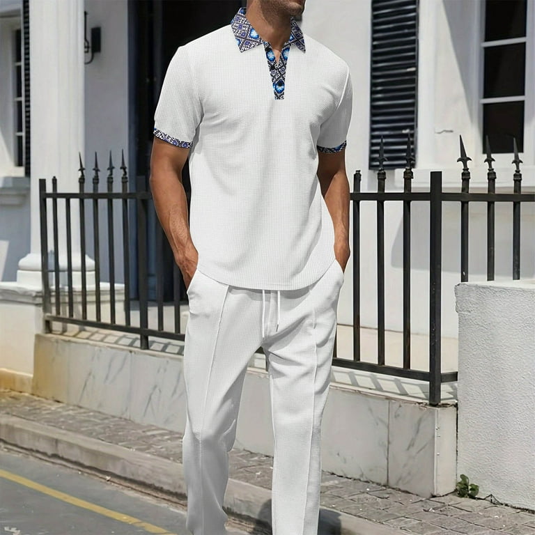 Runfenguu Mens Vacation Outfits, Men Outfits 2 Piecemen'S Summer Casual Collar Printed Pocket Lapel Short Sleeved Pants Set, Size: 2XL, White