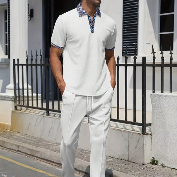 Runfenguu Mens Vacation Outfits, Men Outfits 2 Piecemen'S Summer Casual Collar Printed Pocket Lapel Short Sleeved Pants Set