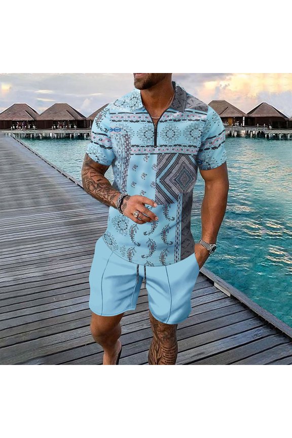 Muscle Suit, Y2K Sets 2 Piece Outfitmen'S Lapel Print Zipper Short-Sleeved Shorts Suit Short Sleeve Turndown Collar Set