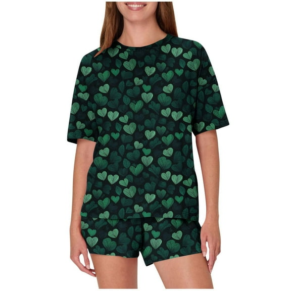 Runfenguu Outfits For Women 2 Piece Sets Women'S Casual Loose Printing Round Neck Short Sleeved Shorts Pajamas Suit