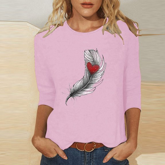 Runfenguu Over Sized T Shirt Women Graphic Tees For Women Trendy Ladies' Easter Day Printed Round Neck Three Quarter Sleeve 3/4 Sleeve T-Shirt Loose