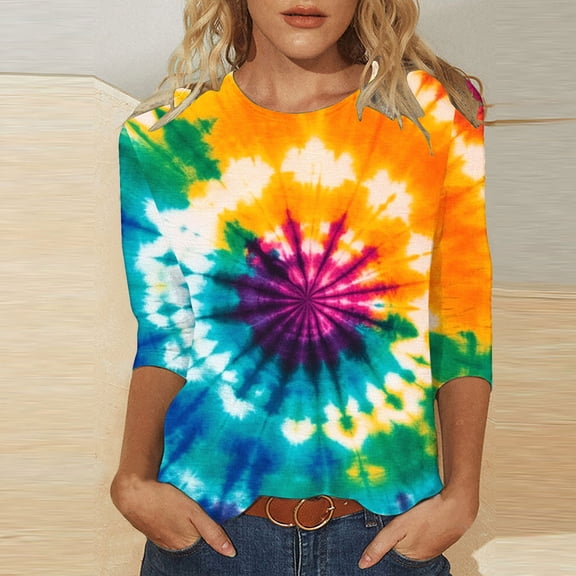 Runfenguu Over Sized T Shirt Women Ladies T Shirts Women'S Printed Round Neck Three Quarter Sleeve 3/4 Sleeve T-Shirt Loose