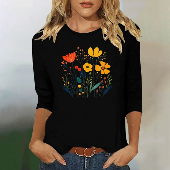 Runfenguu Over Sized T Shirt Women Oversized Tees Ladies' Fashion Floral Printed Round Neck 3/4 Sleeve T-Shirt Shirt Sleeve Round Neck Top/Shirt