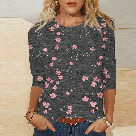 Runfenguu Over Sized T Shirt Women Womens Graphic Tees Ladies' Easter Day Printed Round Neck Three Quarter Sleeve 3/4 Sleeve T-Shirt Loose
