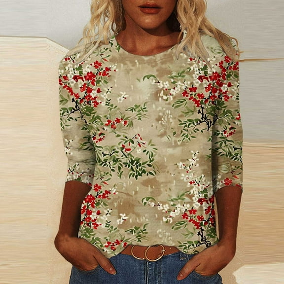 Runfenguu Over Sized T Shirt Women Womens T Shirts Loose Fits Ladies' Fashion Printed Round Neck Three Quarter Sleeve 3/4 Sleeve T-Shirt Loose